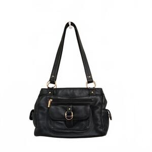Flawed Stone Mountain Black Leather Shoulder Bag Gold Accents